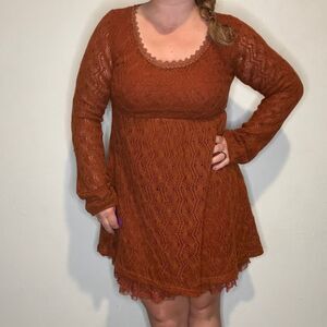 ALTAR'D STATE Women's Medium Burnt‎ Orange Crochet Lace Trim Dress Cottagecore